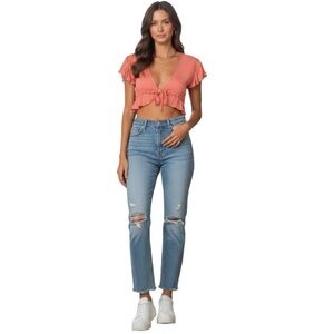 Lovers + Friends Pink Tie Front Pom Pom Ruffle Sleeve Crop Top #